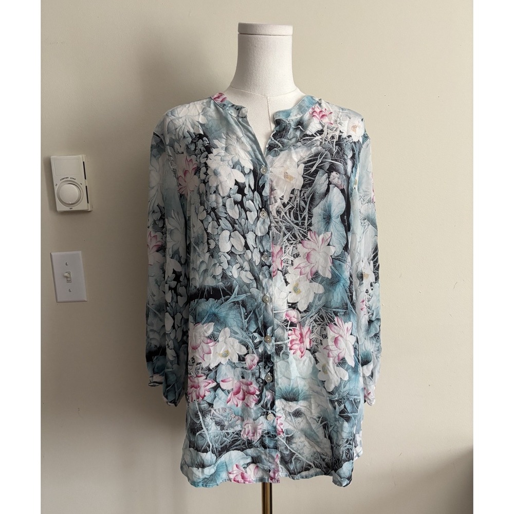 Tianello Medium Top 100% Silk Lotus Flower Blouse Blue Pink Y2K Ethereal Fairy